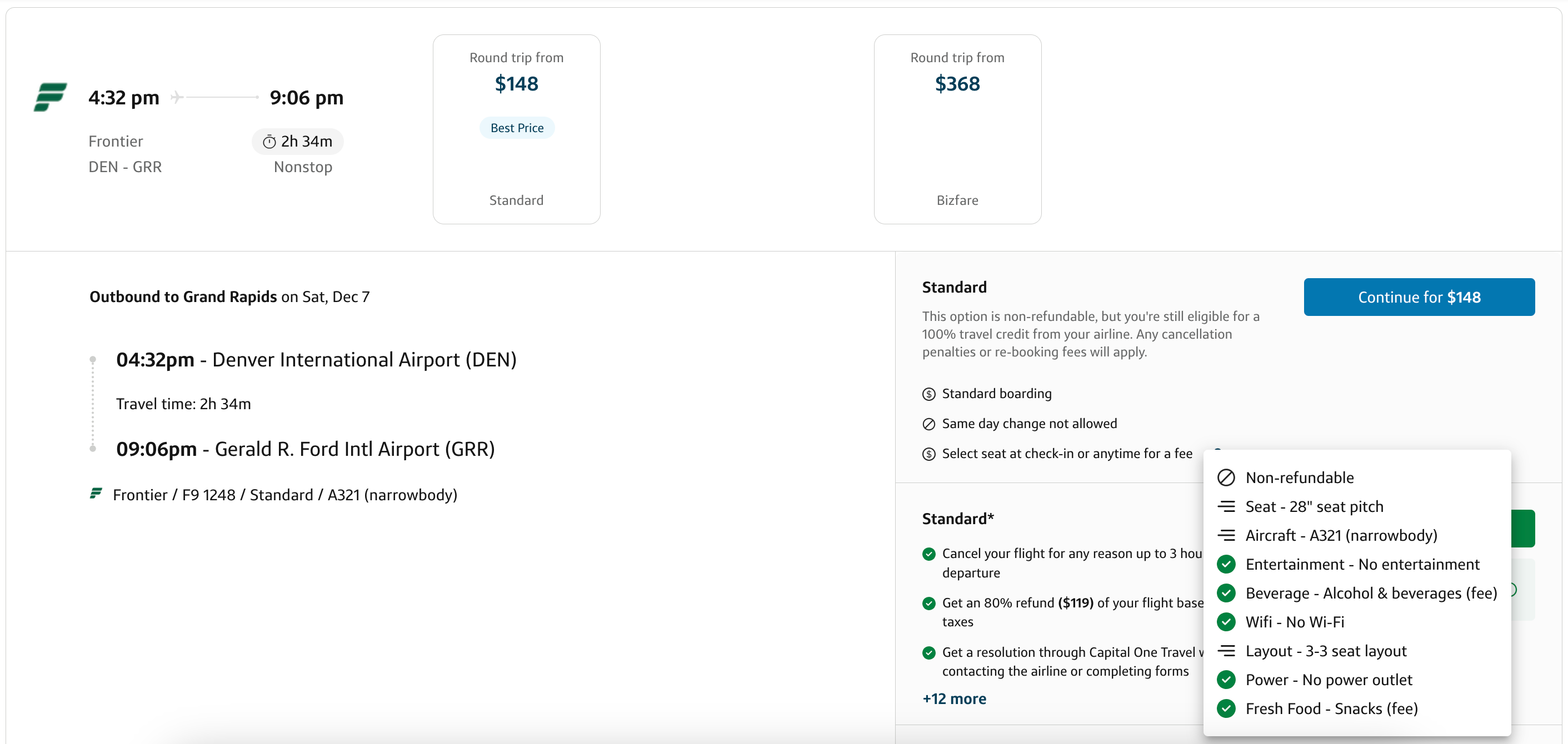 Capital One travel portal flight dropdown showing amenities, seat pitch, etc.